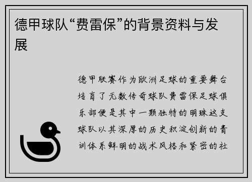 德甲球队“费雷保”的背景资料与发展